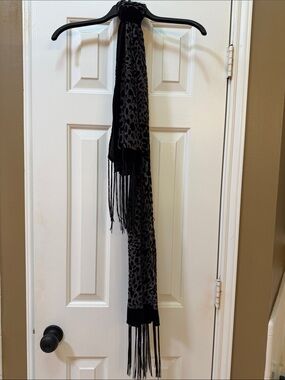 The Accessory Collective Black and Gray Leopard Fringe Scarf